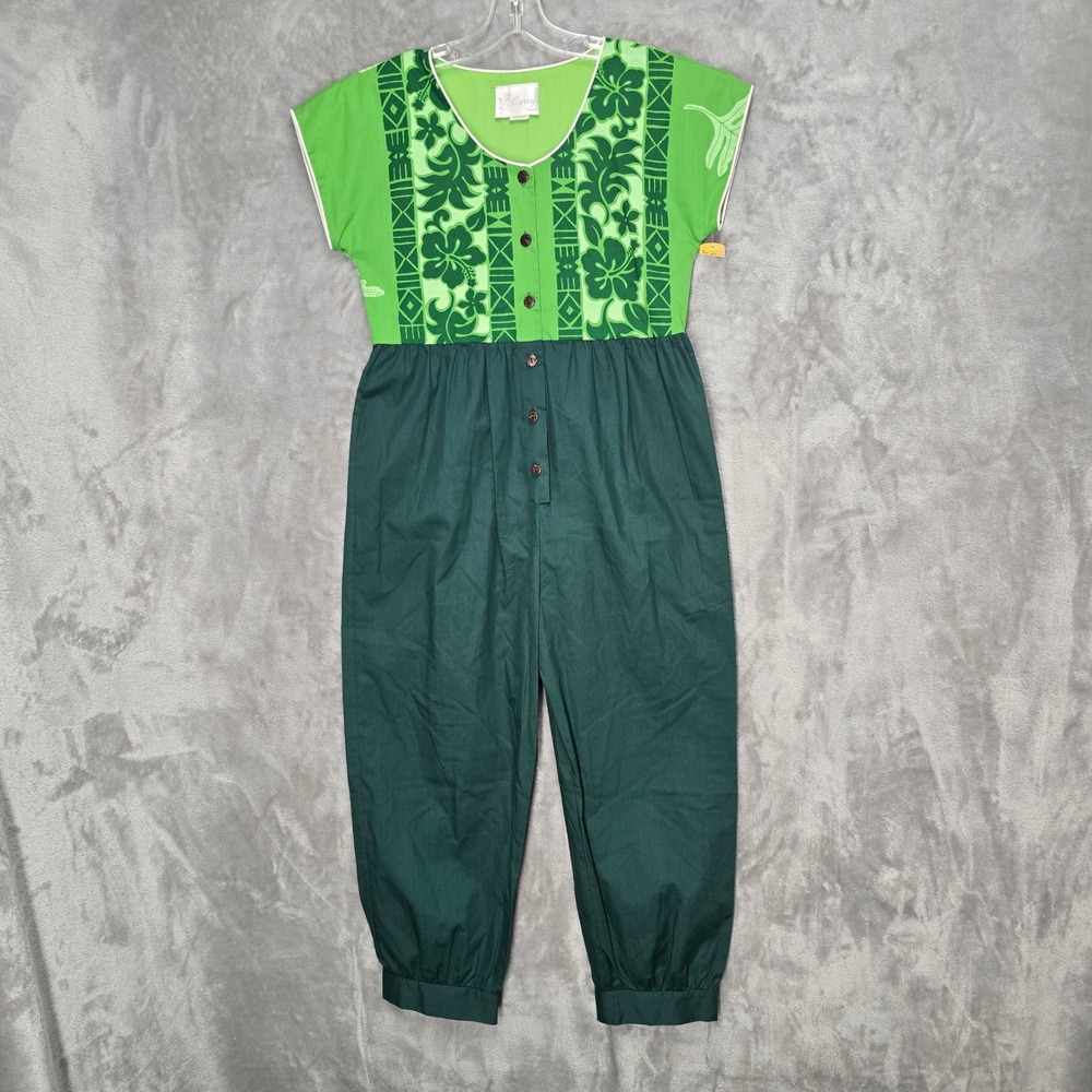 Carey Hawaii Jumpsuit WomenXS Green Floral Tropical Hibiscus Aloha Tribal Romper